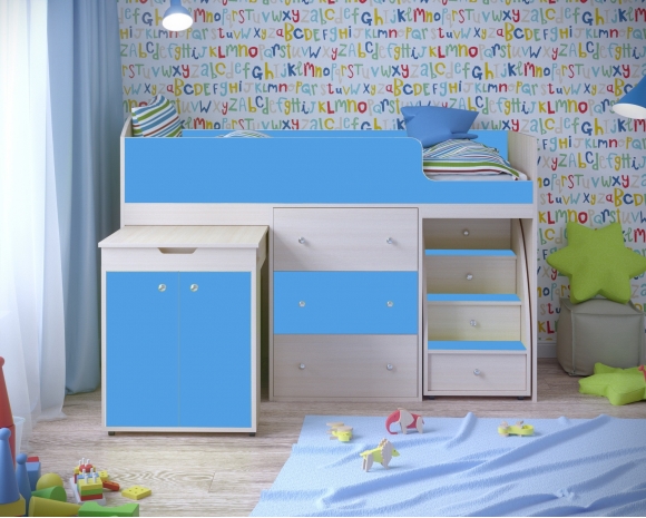 Кровать чердак Малыш Дуб молочный - Голубой
